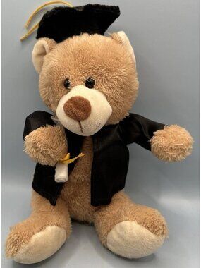 Graduation Bear With Cap And Gown Diploma 9” Black Gown and Cap Gold Ribbons Pl